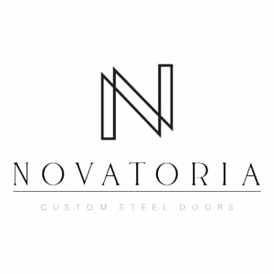 Black outlined N logo above the word novatoria, with the text Custom Steel Doors underneath, all set on a clean white background.