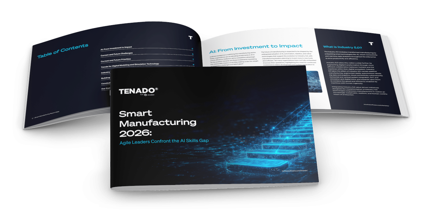 A pair of open and closed brochures titled Smart Manufacturing 2026: Agile Leaders Confront the AI Skills Gap with digital graphics and text visible inside.