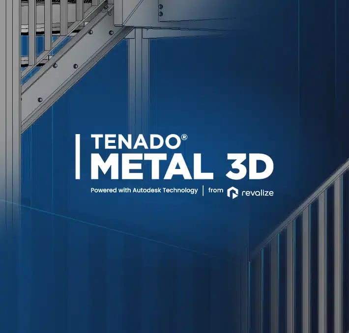 Blue and gray promotional graphic for TENADO Metal 3D software, featuring a partial view of a metal staircase and railing, with branding and partner logos.