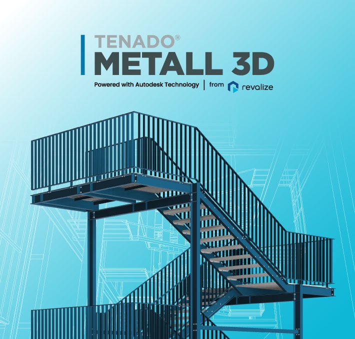 A metal staircase with railings shown against a blue background, featuring the text TENADO METALL 3D Powered with Autodesk Technology from Revalize.