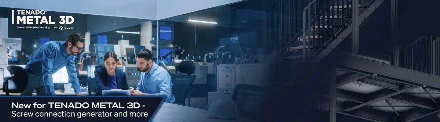 Three people review documents at a desk in a modern office with 3D printers; the image promotes TENADO METAL 3D software and its screw connection generator feature.