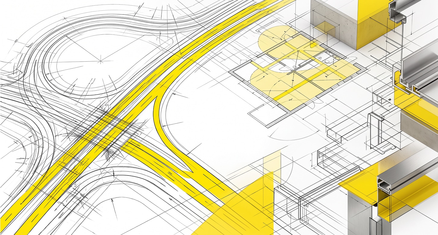 Architectural blueprint with yellow highlights, featuring building outlines, structural details, and curved roadways intersecting the layout—integrated elements suggest innovative solutions such as AI for Metal Fabrication shaping the design process.